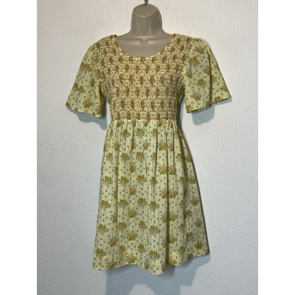 Vtg 70s JC Penney‎ Peasa Dress Yellow CalicoFloral Smocked Bodice Tie Back Boho
